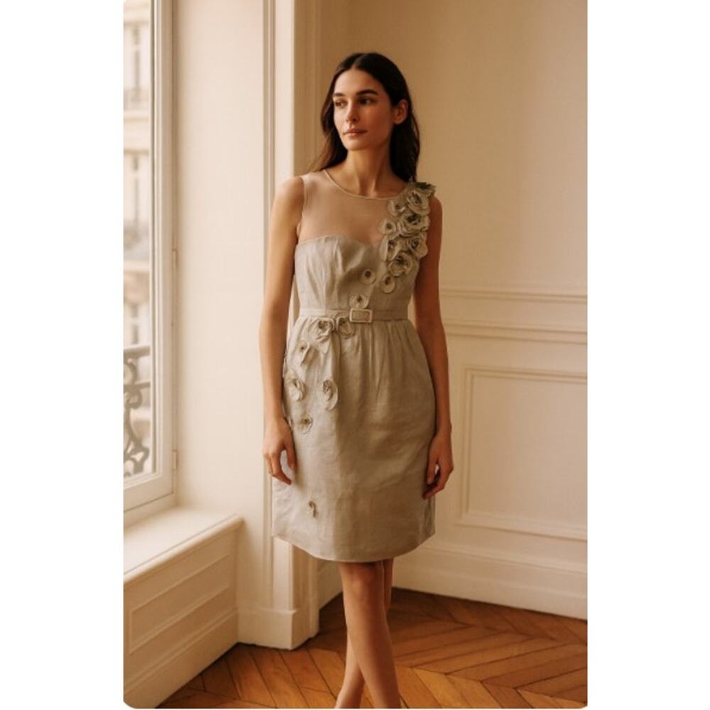 ML Monique Lhuillier 100% Silk‎  Dress Beaded Flowers Gray Sleeveless 10